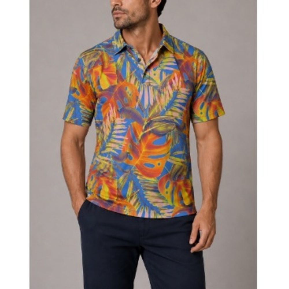 SandyGolf Men's Blue Orange Tropical‎ Monstera Leaf Print Golf Polo Shirt Size M